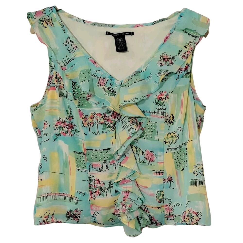 Pierre Cardin Women Pastel Landscape Print Ruffle Sleeveless Blouse Size 14